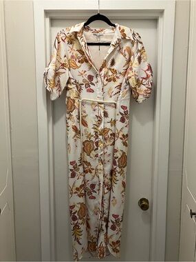 Button-Front Floral Midi Dress in Cream with Rust and Mustard Print
